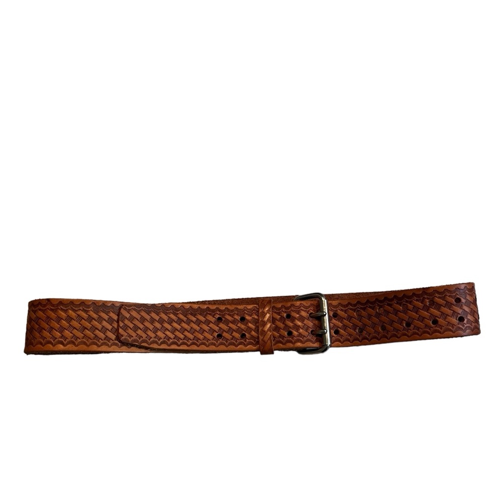 Malco 2” Wide Double Prong Tooled Leather Basketweave Belt
